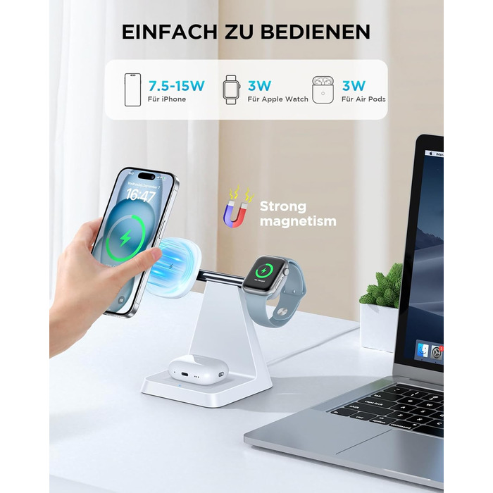 Бездротовий зарядний пристрій MagSafe 3-в-1 для iPhone: зарядка для Apple Watch та AirPods, сумісна з iPhone 16, 15, 14, 13, 12 (білий)
