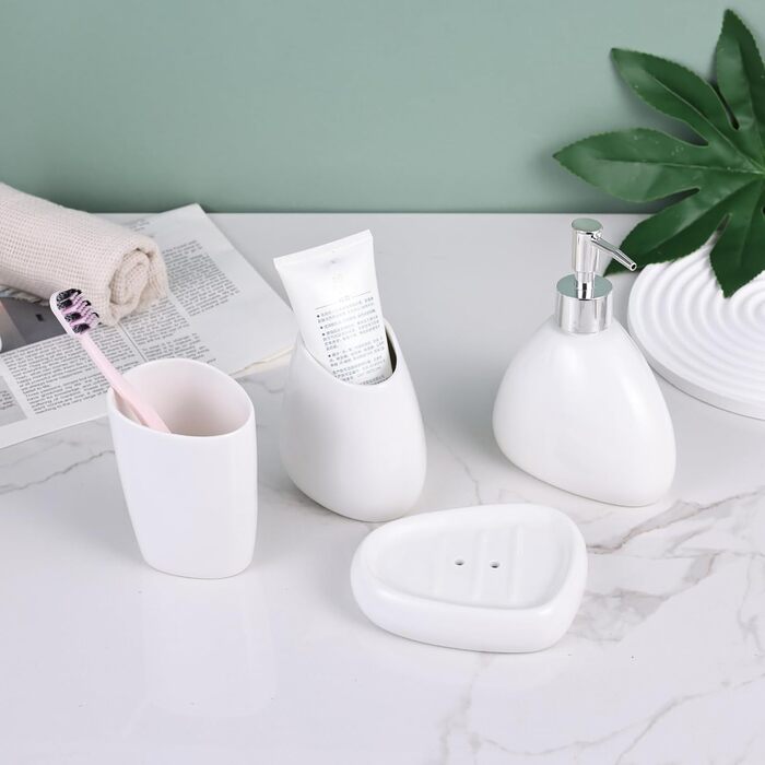 XYQXYQ Elegant 4-Piece Galvanized Ceramic Bathroom Set, featuring a lotion dispenser, mouth rinse cup, soap dish, and toothbrush holder, modern bathroom decoration set (white)