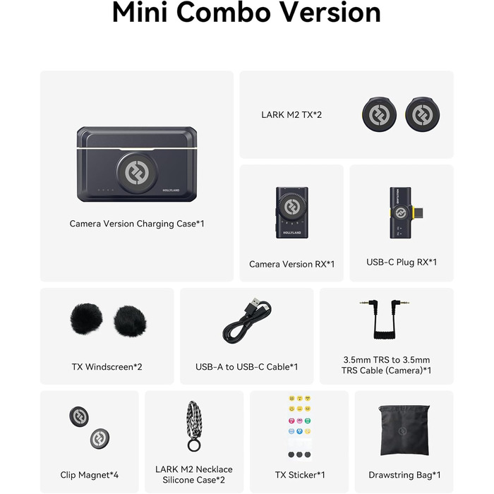 Hollyland Lark M2 Бездротовий петличний мікрофон для iPhone 15/16/17 та Android, 300м радіус дії, Hi-Fi звук, шумозаглушення, 30 годин роботи, міні-мікрофон для відео (2TX + USB-C RX + зарядний кейс)