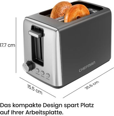 Тостер Chefman з 2-ма слотами, 7 ступенів підсмажування, знімний піддон для крихт, для товстого хліба та багелів, розморожування, зупинка, функція грилю – чорний