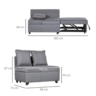 HOMCOM 3-in-1 Sleeper Chair Convertible Sofa Bed with Bed Function, 2-Seater Sofa with Adjustable Backrest, Side Pocket, Cushion, Wheels, up to 300 kg, for Small Spaces, Dark Grey | Aosom