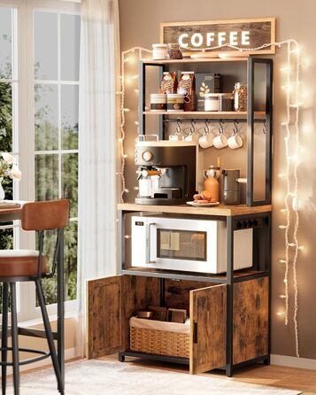 Полиця кухонна VASAGLE з розетками, кухонна шафа, робоча поверхня 90 см, стелаж з 8 гачками, 40 x 60 x 170 см, вінтажний коричневий + чорний, KKS058K02