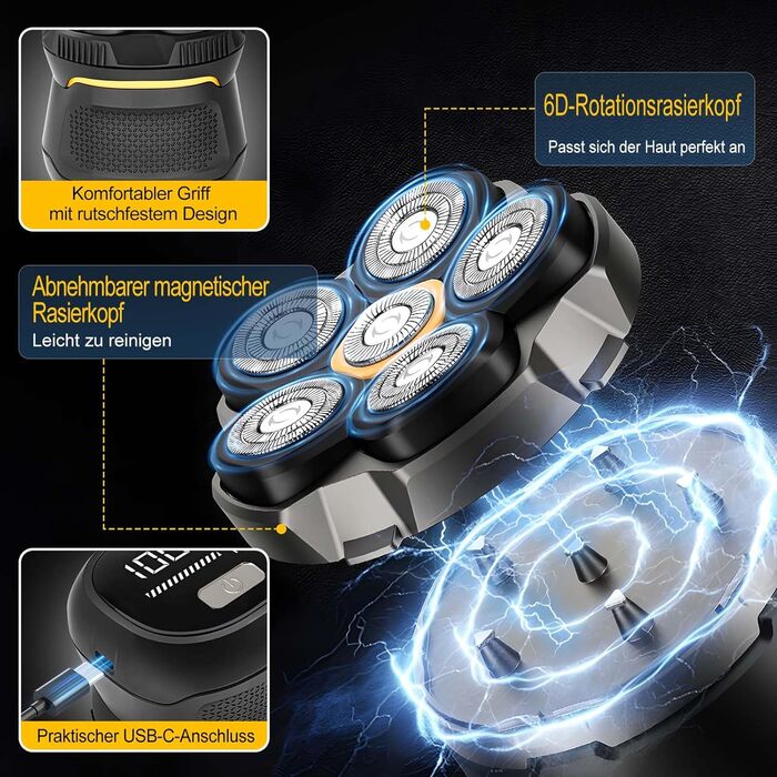 Електричний гоління для чоловіків, вологостійкий гоління для голови з зарядкою USB-C, магнітна система очищення та 120 хв роботи від акумулятора – ідеально для гоління голови та точного гоління короткого волосся, чорний