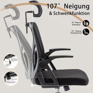 Ергономічне крісло для офісу Symino: регульована спинка, підголівник, підлокітники, 150 кг, чорний