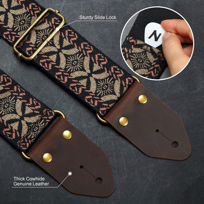 Гітарний ремінь Nefelibata з жаккардової вишивки, бавовна, з шкіряними кінцями Crazy Horse, для бас-гітари, електро- та акустичної гітари, подарунок для дітей та гітаристів (золота вишивка) Y#-золота вишивка