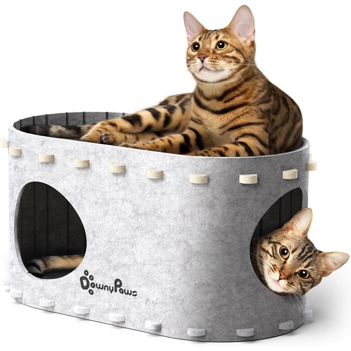 Будиночок-печеринка для котів DownyPaws з фетру, 2-ярусне ліжко для котів, 50 x 33 x 50 см. Затишний дизайн, захист кігтів, (одиночний, білий)