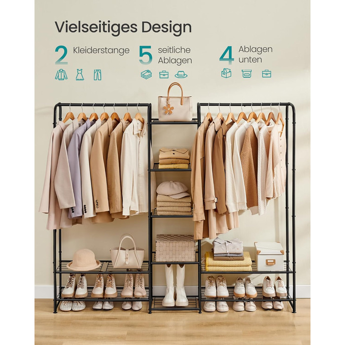 SONGMICS Clothes Rack, Open Wardrobe, Clothes Rail, Coat Rack with Shelves, Metal Wardrobe, Freestanding, Matte Black LGR462B01 (183B cm)