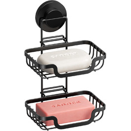 TAILI Shower Soap Dish with Drain and Hook, MAX Hold 5 KG, Stainless Steel Soap Dishes No Drilling Required, Bathroom Soap Holder Wall Mount, Double Soap Holder with Suction Cup, Sponge Holder, Black