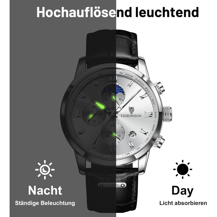 Годинник чоловічий LIGE Retro з шкіряним ремінцем, 3ATM, водостійкий, аналоговий, з датою, місячними фазами (чорний / білий)