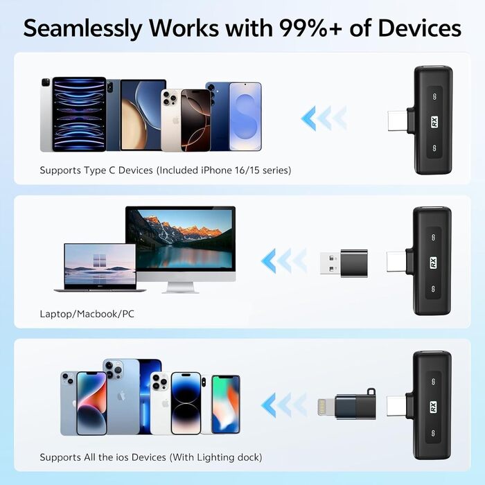 Бездротовий петличний мікрофон для iPhone/Android/iPad/комп'ютера, з шумозаглушенням, для запису відео, інтерв'ю, YouTube, Vlog, чорний