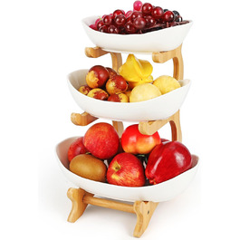 Керамічна етажерка для фруктів Diealles з 3 ярусами, бамбуковий підставник, для сім'ї, стабільна, сумісна з овочами та снеками
