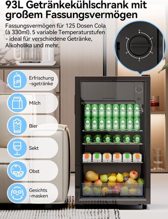 Холодильник для напоїв Devoko 93L з LED-підсвіткою RGB, регульовані полиці, для дому, офісу, вечірок та HoReCa, міні-бар, чорний