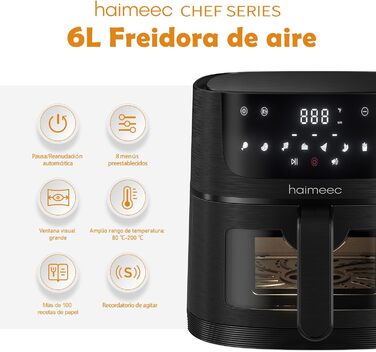 HAIMEEC 6L Air Fryer with Viewing Window - 8-in-1 Oil-Free Fryer, Shake Reminder, Non-Stick Coating, 30-200°C, 78 Recipes, Quiet Operation