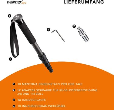 Штатив Mantona Pro One Einbeinstativ з карбону (144см) - чорний. Регулювання висоти, зручна ручка, компактний, з аксесуарами