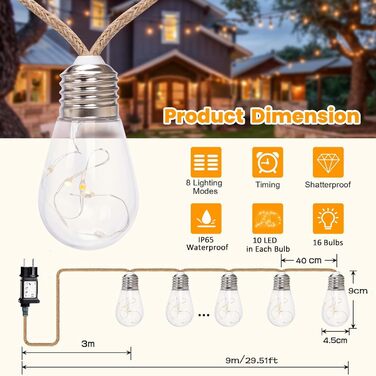 LED гірлянда Redefun 9м, 16 лампочок, зовнішня та внутрішня, 8 режимів, таймер, для декору саду, балкону, вечірки, весілля, з вилкою