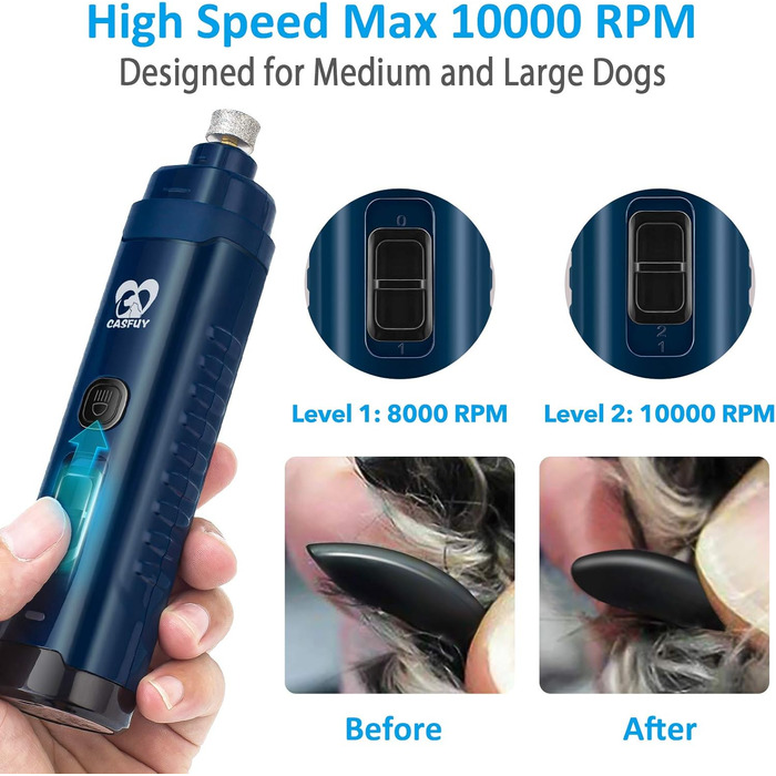 Електричний точило для собак Casfuy з LED-підсвічуванням, 4.8V, 2 швидкості, для середніх порід, тихе, перезаряджуване, navy