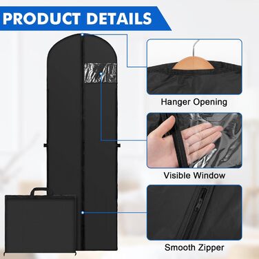 Чохли для одягу 180x60 см (4 шт) - Дихаючі мішки для зберігання одягу з ручками, для вечірніх та весільних суконь, захист від пилу, складні