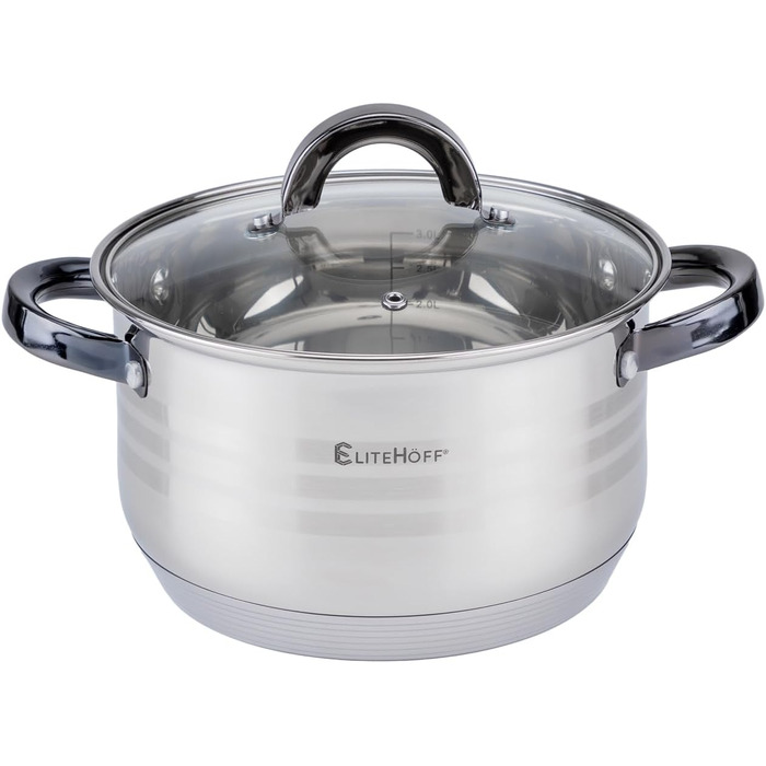 Набір каструль та сковорідок EliteHoff Induktion (8 предметів) з нержавіючої сталі, з кришками та чорними ручками, для всіх типів плит