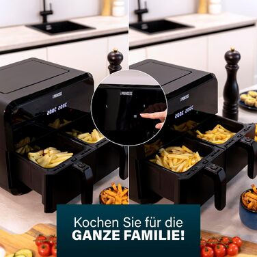 Princess Double Chamber Air Fryer with 2x4L Capacity – 74% Less Energy Consumption – Separate Temperatures for 2 Compartments – 8 Programs – 182068, 2400 Watt, 38.4 x 37.4 x 30.8 cm Double 2x4L Chamber Air Fryer Black