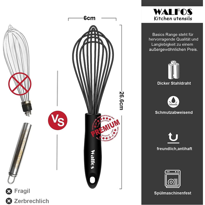 Валфос міксер вінчик силіконовий 26.6 см, чорний, з нержавіючої сталі, для збивання, змішування та приготування, кухонний аксесуар