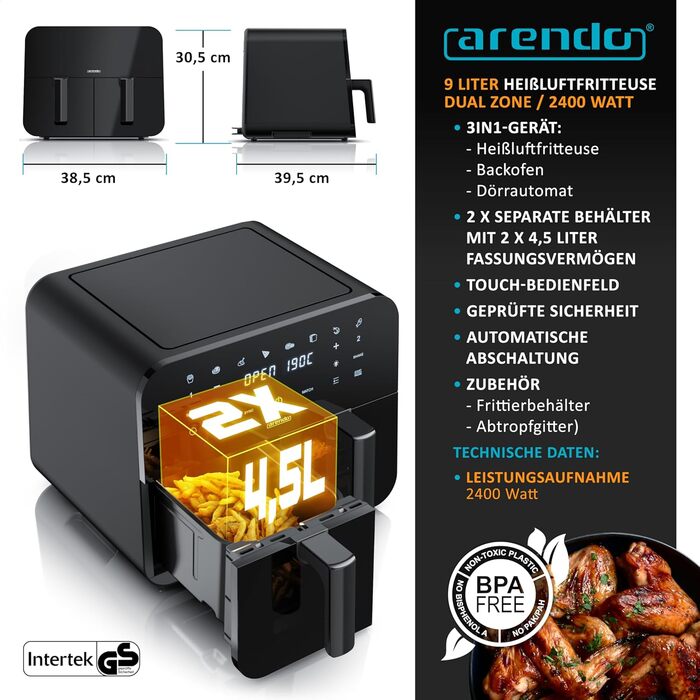 Фритюрниця Arendo Dual Zone 9L з 2 камерами - Airfryer з сенсорним екраном та 3D циркуляцією повітря