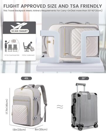 Рюкзак LOVEVOOK 40L для ручної поклажі в літак, жіночий, водонепроникний, з відділенням для ноутбука 17 дюймів, підходить для Easyjet, для подорожей, роботи, хайкінгу, оливково-бежевий (17.3 дюйми, світло-сіро-бежевий)