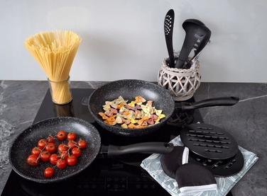 Набір каструль Hoffner, алюміній з мармуровим покриттям, чорний, 17 предметів