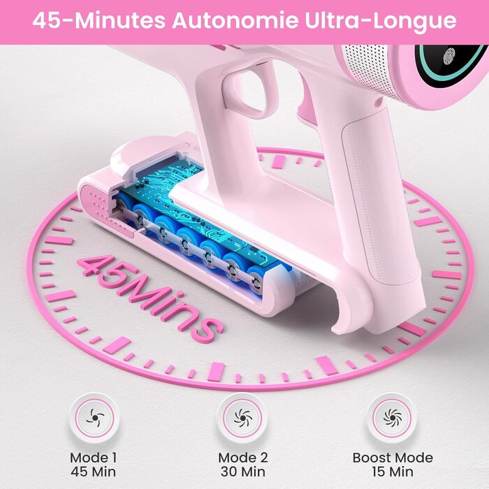 Бездротовий пилосос Belife Akku з потужністю 45000Pa/550W, акумуляторний, 45 хвилин роботи, безщітковий двигун, LED-дисплей, 6-в-1, для видалення шерсті тварин, з твердих поверхонь та килимів (світло-рожевий)