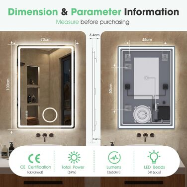 Дзеркало для ванної кімнати S'bagno з підсвічуванням 100x70 см, LED, з пам'яттю, антизапар, 3 колірні температури, регулювання яскравості, HD скло, IP44, горизонтальне/вертикальне (з 5-кратною лупою та Bluetooth)