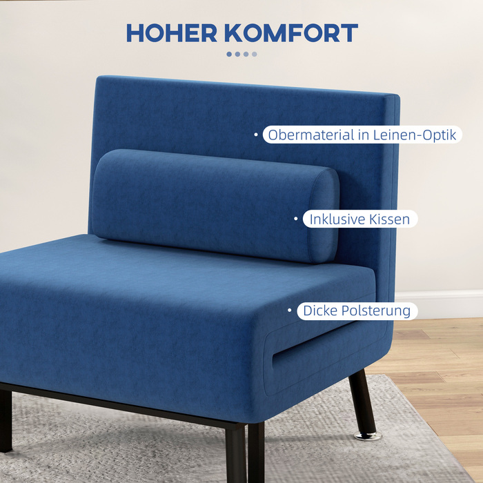HOMCOM Sleeper Chair, Folding Bed with Bed Function, Back Cushion, Folding Recliner Chair with Linen Look, Adjustable Backrest, 75 x 70 x 75 cm, Dark Blue | Aosom