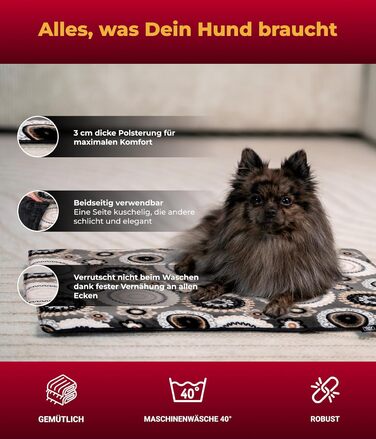 Підстилка для собак XS (45x65 см) – двостороння, м'яка, з наповнювачем 3 см – для дивану, авто, переноски – Made in Germany (45 x 65 см, Мандала Антрацит)