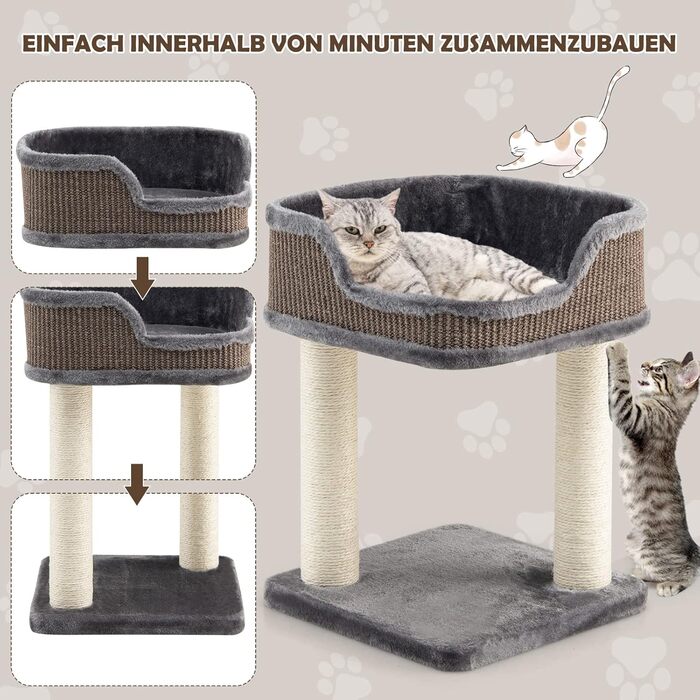 COSTWAY Cat Tree Small, Cat Tree with Large Plush Seat, Wooden Cat Scratching Post, Cat Cat Furniture Climbing Tree, Activity Tree Play Tree, Natural Sisal Tower with Scratching Posts (Gray)