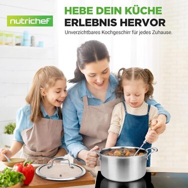 Набір каструль NutriChef з нержавіючої сталі, 6 предметів – антипригарні сковорідки 20см, 25см, 30см з кришками, підходить для індукційних плит, стійкий до подряпин та придатний для духовки, можна мити в посудомийній машині. Включає каструлю об'ємом 5 літ