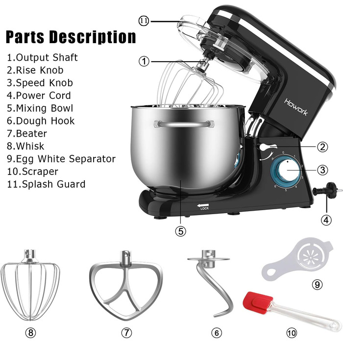 Кухонна машина Howork Knetmaschine: потужна 1500W, 8L, нахильна чаша, 6 швидкостей, міксер, гак для тіста, сплітштор, чорний