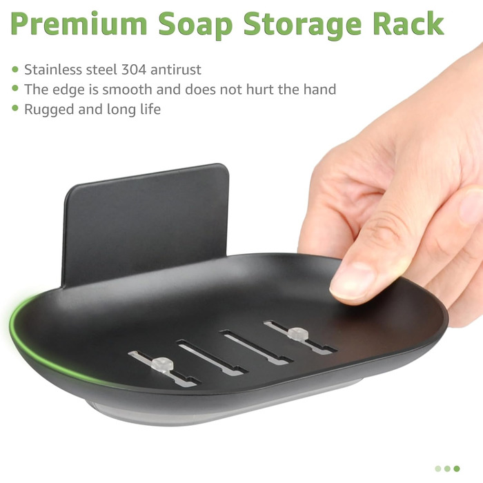 Тримач для мила настінний без свердління, нержавіюча сталь, з піддоном для стікання води, чорний. Підходить для ванної кімнати та кухні, для мила, губок, щіток.