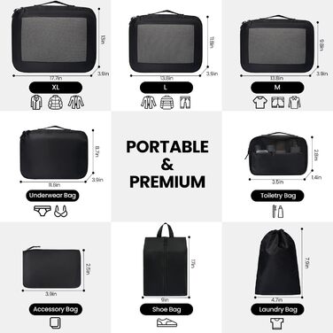 Органайзери для валізи Prezon, набір 8 шт, чорні, легкі, для подорожей