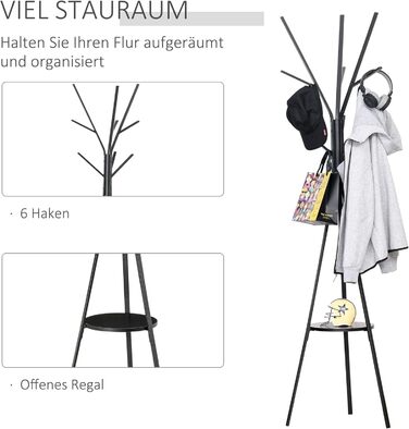 HOMCOM Coat Rack, Clothes Rack with 8 Hooks, Coat Stand with Shelf, Freestanding Coat Rack for Clothes, Hats, Bags, Metal, Black, 45 x 45 x 180 cm