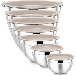 Homikit Mixing Bowls, 7-Piece Stainless Steel Bowl Set with Airtight Lid, Stackable Salad Bowl for Cooking/Baking/Serving, Dishwasher Safe, 6.5/4.5/2.7/2.5/1.5/1.2/0.7L, Khaki