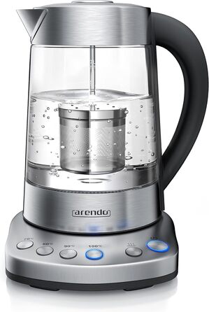 Arendo - Glass Water Kettle with Temperature Setting and Tea Strainer - Electric Kettle in Stainless Steel - Temperatures 70, 80, 90, 100 Degrees - 1.7 Liter - 2400 Watt - Keep Warm Function - BPA Free