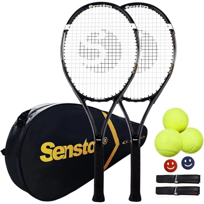 Black+Black Adult Tennis Racket Set - 2 Rackets, 3 Balls, 2 Grips, Vibration Dampeners