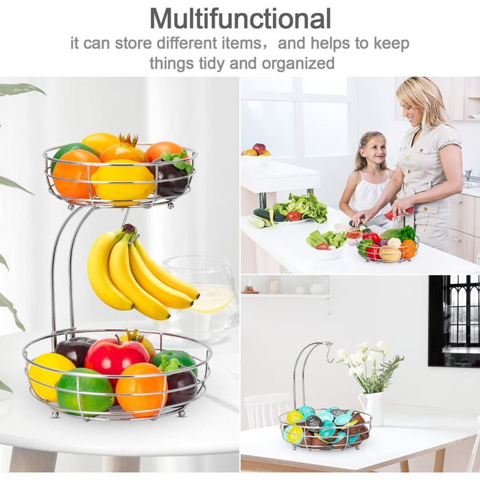 Металева фруктова корзина Bomclap з підставкою для бананів - 2 яруси. Сучасна фруктова корзина для кухні. Декоративна корзина для овочів та фруктів (срібна)