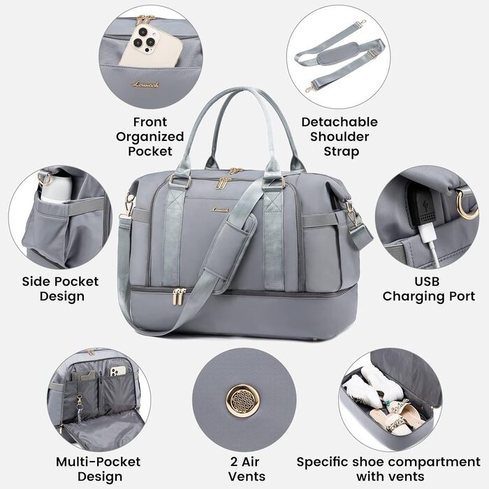 Спортивна сумка LOVEVOOK для подорожей, жіноча дорожня сумка-мішок, Weekender з косметичкою, відділенням для взуття та мокрих речей, водонепроникна, 37L, сіра