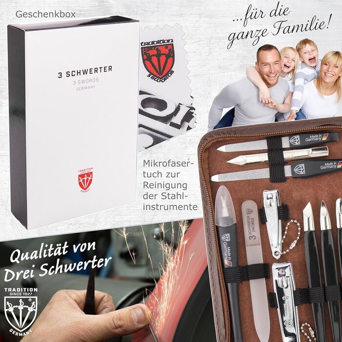 Набір манікюру та педикюру Drei Schwertter 'Cinisello' 16 предметів | Коричневий кейс з якісної шкірозамінник для догляду за руками та ногами. Вміст: ножиці для нігтів, кусачки, пінцет та багато іншого