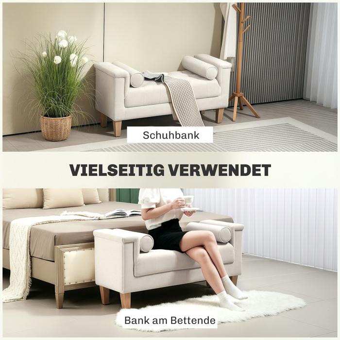 HOMCOM Bench with Chenille Upholstery, Armrest Bed Bench with 2 Cylinder Cushions, Wooden Frame, Shoe Bench for Bedroom, Living Room, Entryway 115 x 44 x 58 cm Beige | Aosom
