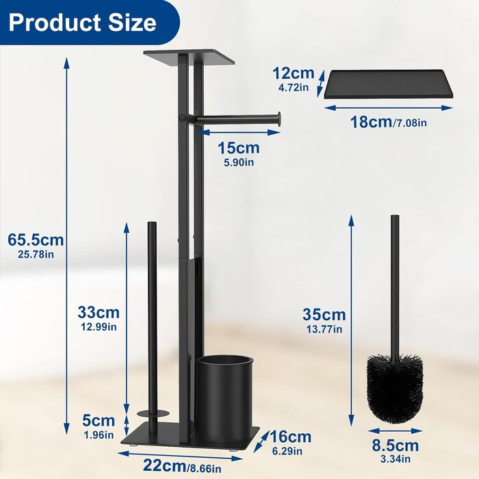 Stainless Steel Toilet Paper Holder with Brush - Standing Toilet Paper Roll Holder with Tray and Glass Shelf (Matte Black)