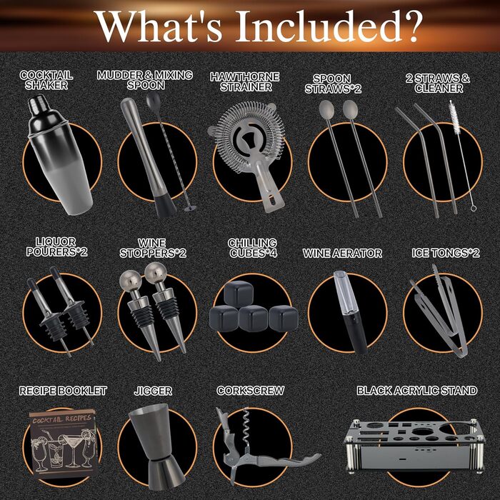 Набір шейкерів для коктейлів, нержавіюча сталь, 16 предметів, 750 мл, аксесуари для бармена, міксер для коктейлів з дерев'яною підставкою, Gun Metal