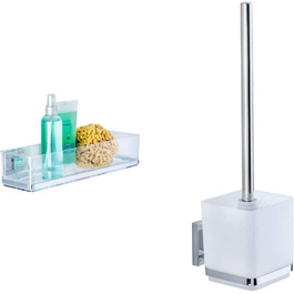 WENKO Vacuum-Loc® Bathroom Wall Shelf Quadro Maxi, with 2 tiers, 38.5 x 8.5 x 14.5 cm & Vacuum-Loc® Wall Toilet Set Quadro, toilet brush with open brush holder, 9.5 x 37 x 12.5 cm