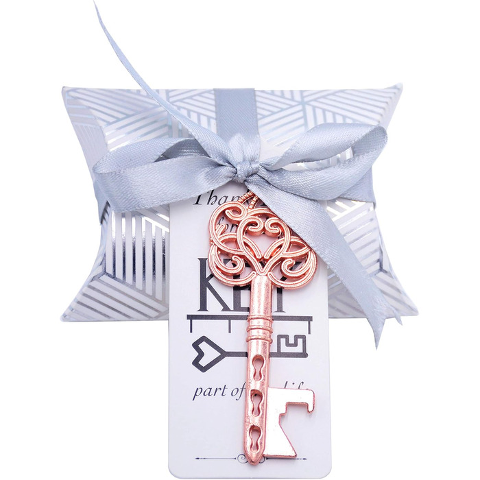 Makhry 50 Pcs Vintage Key Bottle Openers Wedding Key Skeleton Key Bottle Openers Wedding Favors Set with Pillow Boxes and Label (Rose Gold)