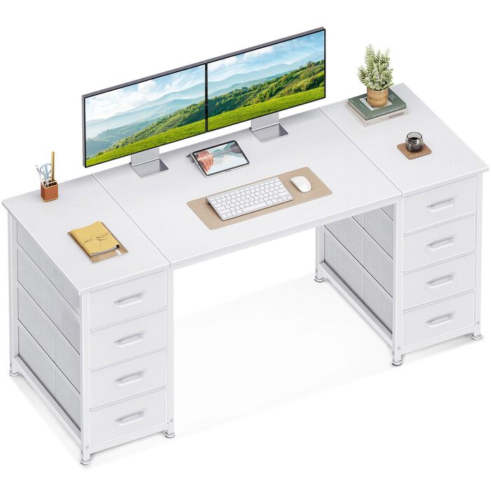 Комп'ютерний стіл Coleshome з 8 висувними ящиками з тканини, 140x48 см, білий. Зберігання, для офісу, дому, ігровий стіл.