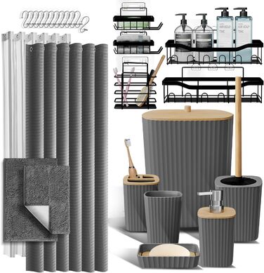 Набір аксесуарів для ванної кімнати: душова полиця, органайзер, зелений душовий завіс, WC-щітка, смітник, дозатор мила (27 предметів, сірий килимок)